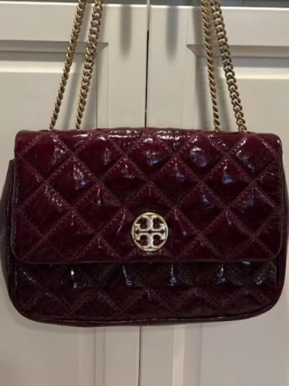 Tory Burch Burgundy Leather Quilted Chain Shoulder Bag